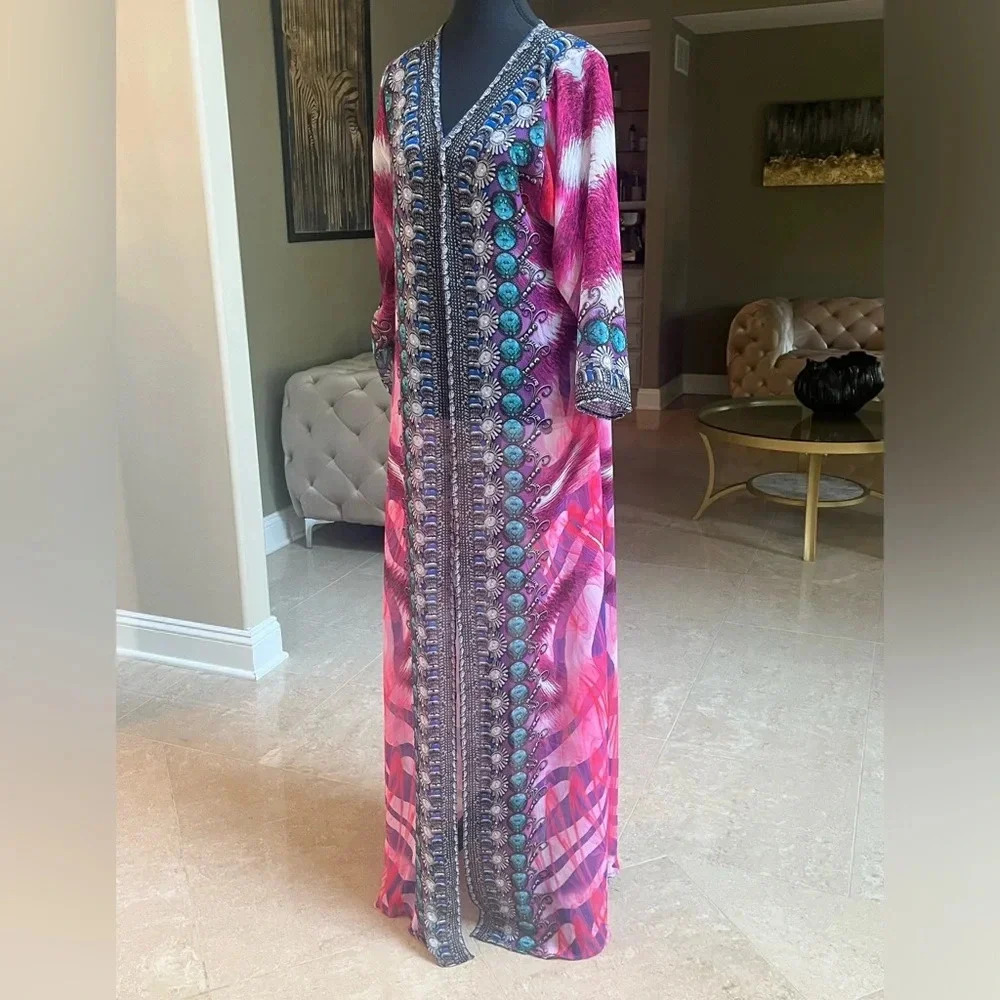 La Moda Rhinestone Embelished beach cover up maxi dress O/S